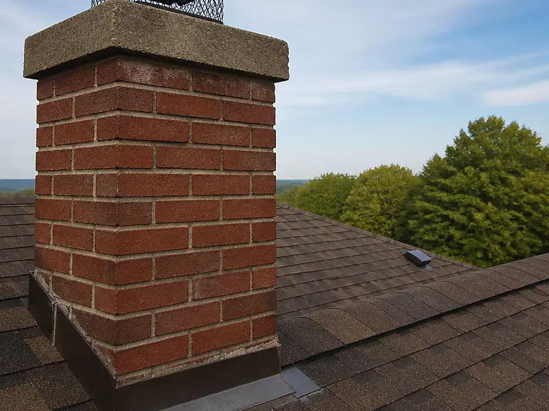 Red brick chimney with a concrete crown and black mesh chimney cap, Novato, CA