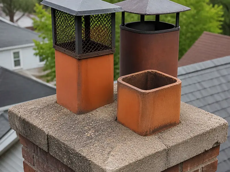Close-up of a concrete chimney crown with clay flue tiles and rain caps, Novato, CA