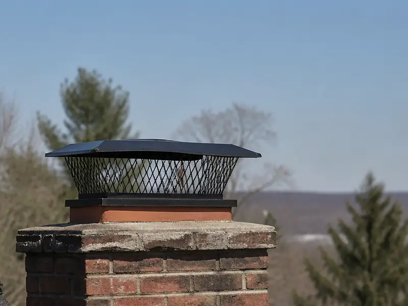 Weathered brick chimney with a wide mesh chimney cap, Novato, CA